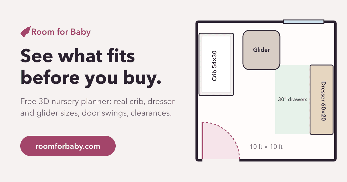Room for Baby: a free 3D nursery planner showing a crib, dresser and glider in a 10 by 10 room